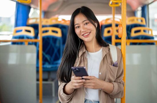 A young woman in a Bus
