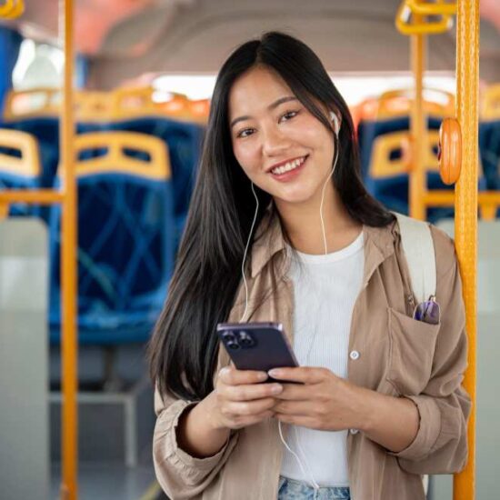 A young woman in a Bus